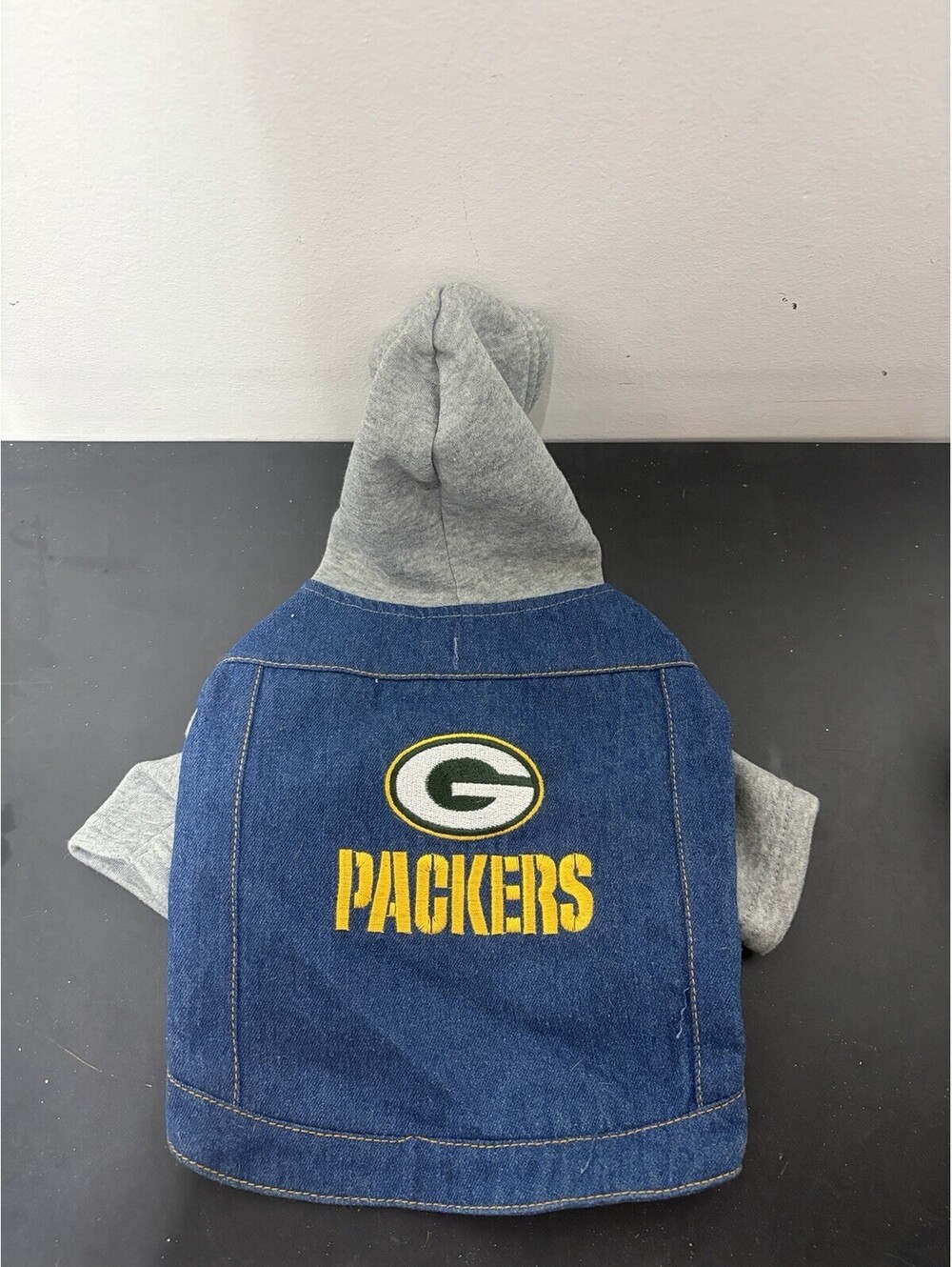 Green Bay Packers NFL Pet Denim Hoodie Jacket With Embroidered Logo & Gray Hood